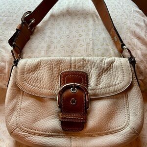 Coach Cream and Brown Pebbled Leather Shoulder Bag